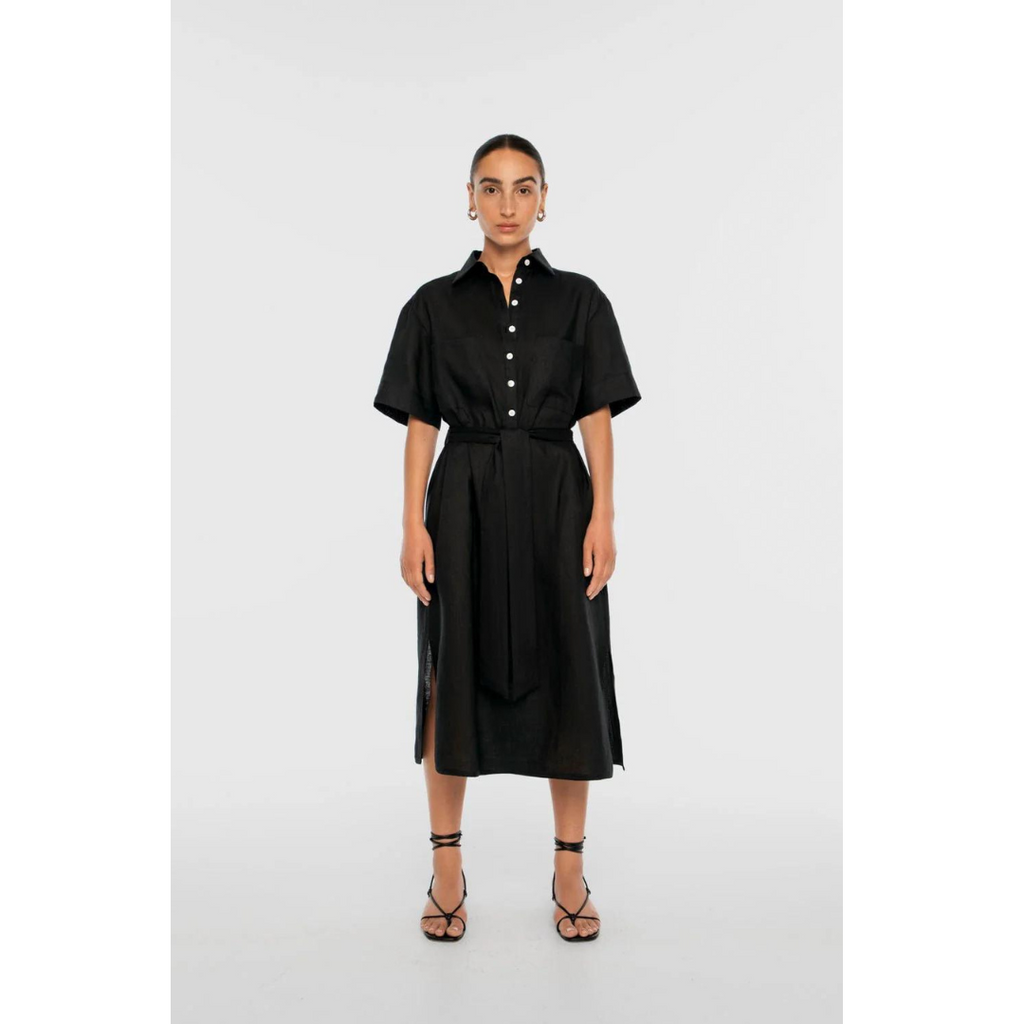 DAL THE LABEL Linen Midi Shirtdress, Black