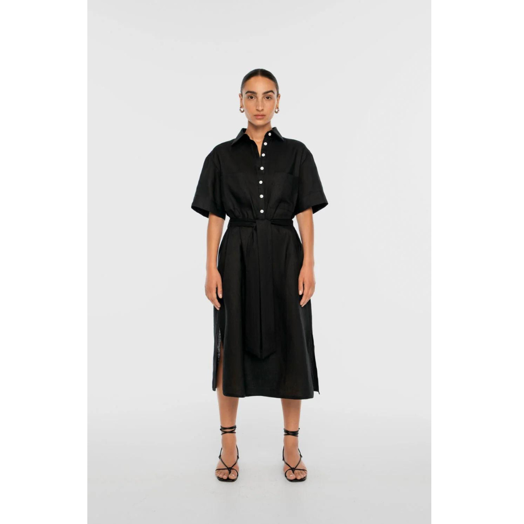 DAL THE LABEL Linen Midi Shirtdress, Black