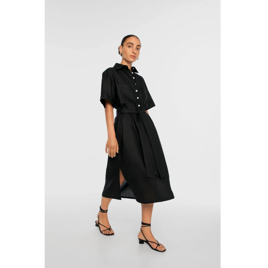DAL THE LABEL Linen Midi Shirtdress, Black