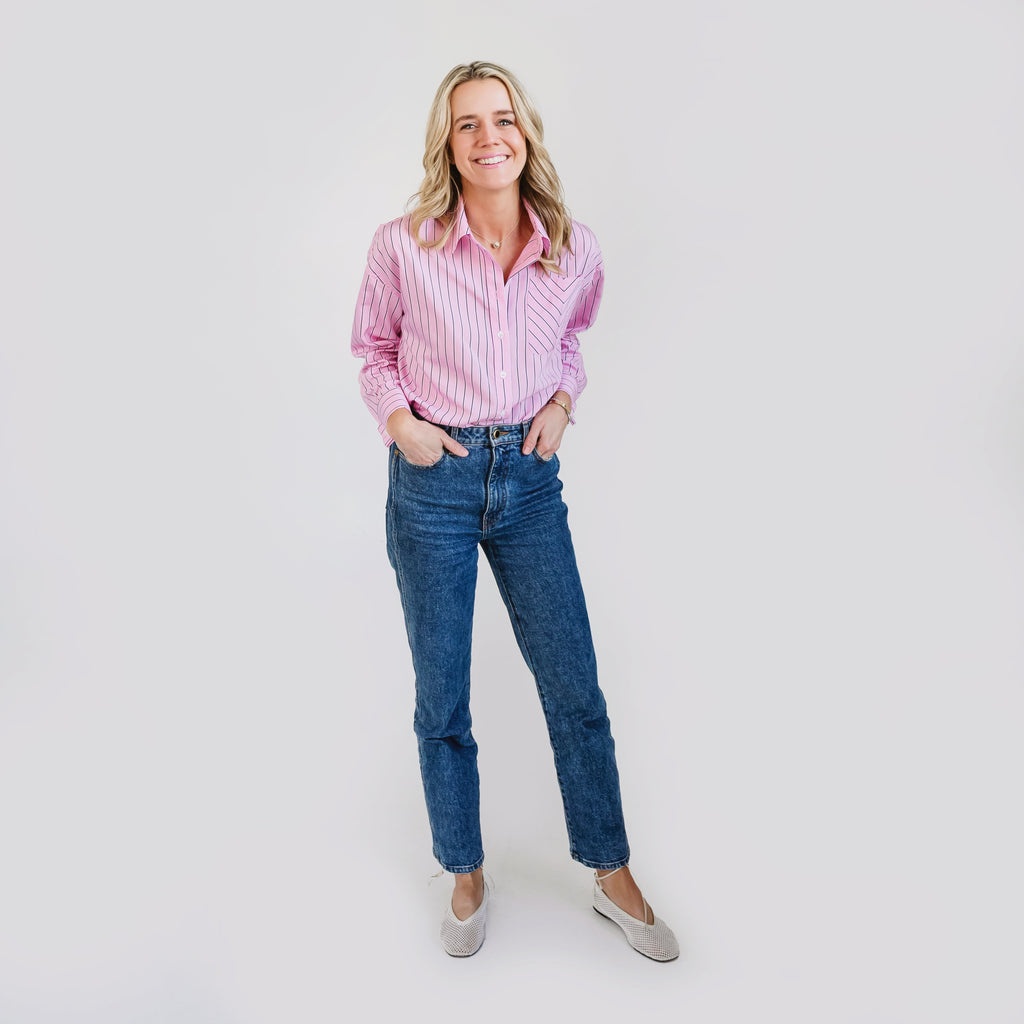 MASON'S DAUGHTER | the Cropped Cuff Boyfriend Shirt, Pink Striped Poplin