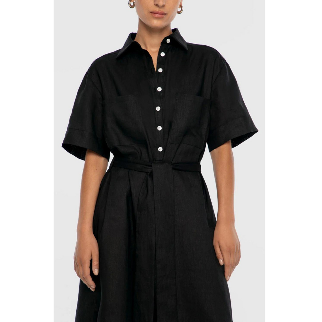 DAL THE LABEL Linen Midi Shirtdress, Black