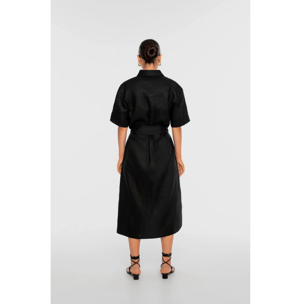 DAL THE LABEL Linen Midi Shirtdress, Black