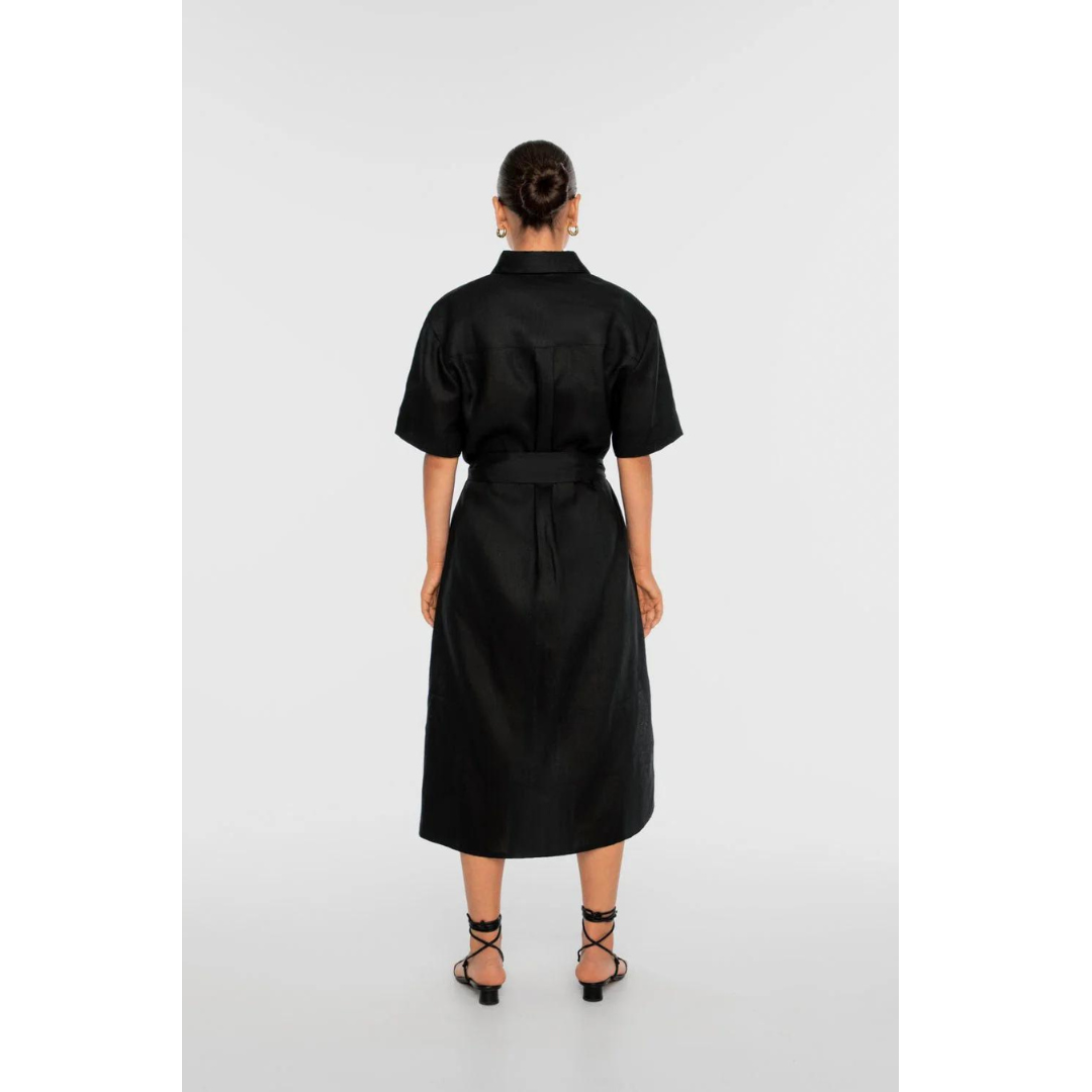 DAL THE LABEL Linen Midi Shirtdress, Black