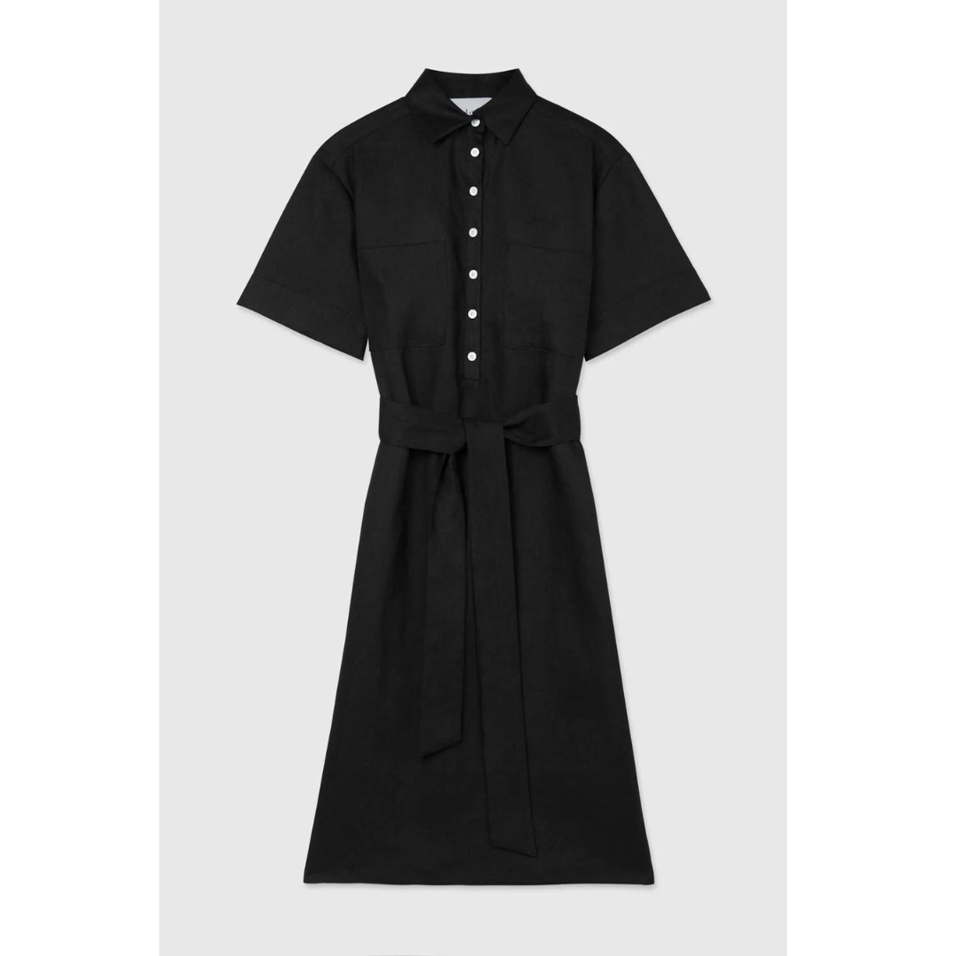 DAL THE LABEL Linen Midi Shirtdress, Black