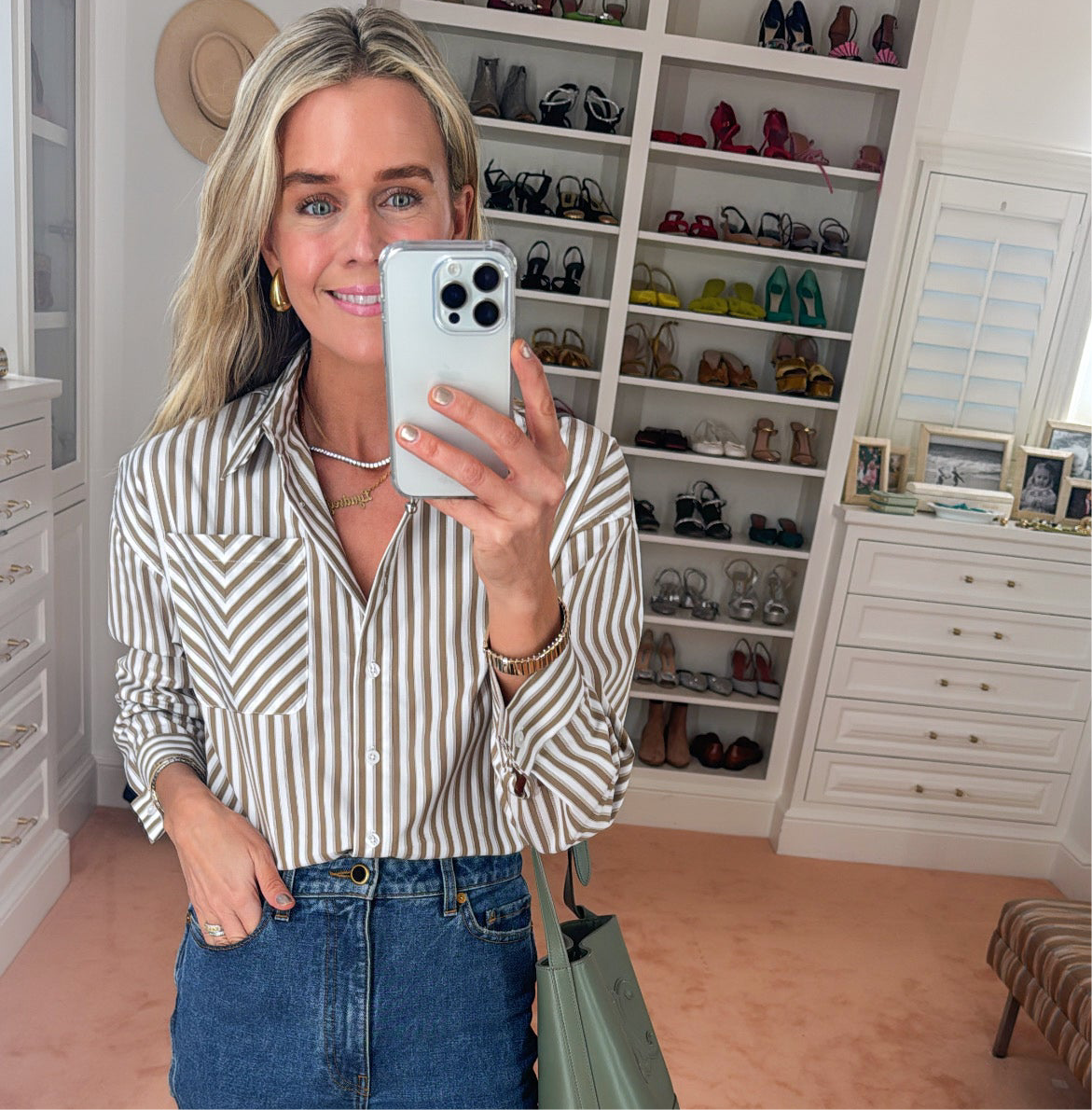 MASON'S DAUGHTER the French Cuff Boyfriend Shirt, Camel and White Striped Poplin