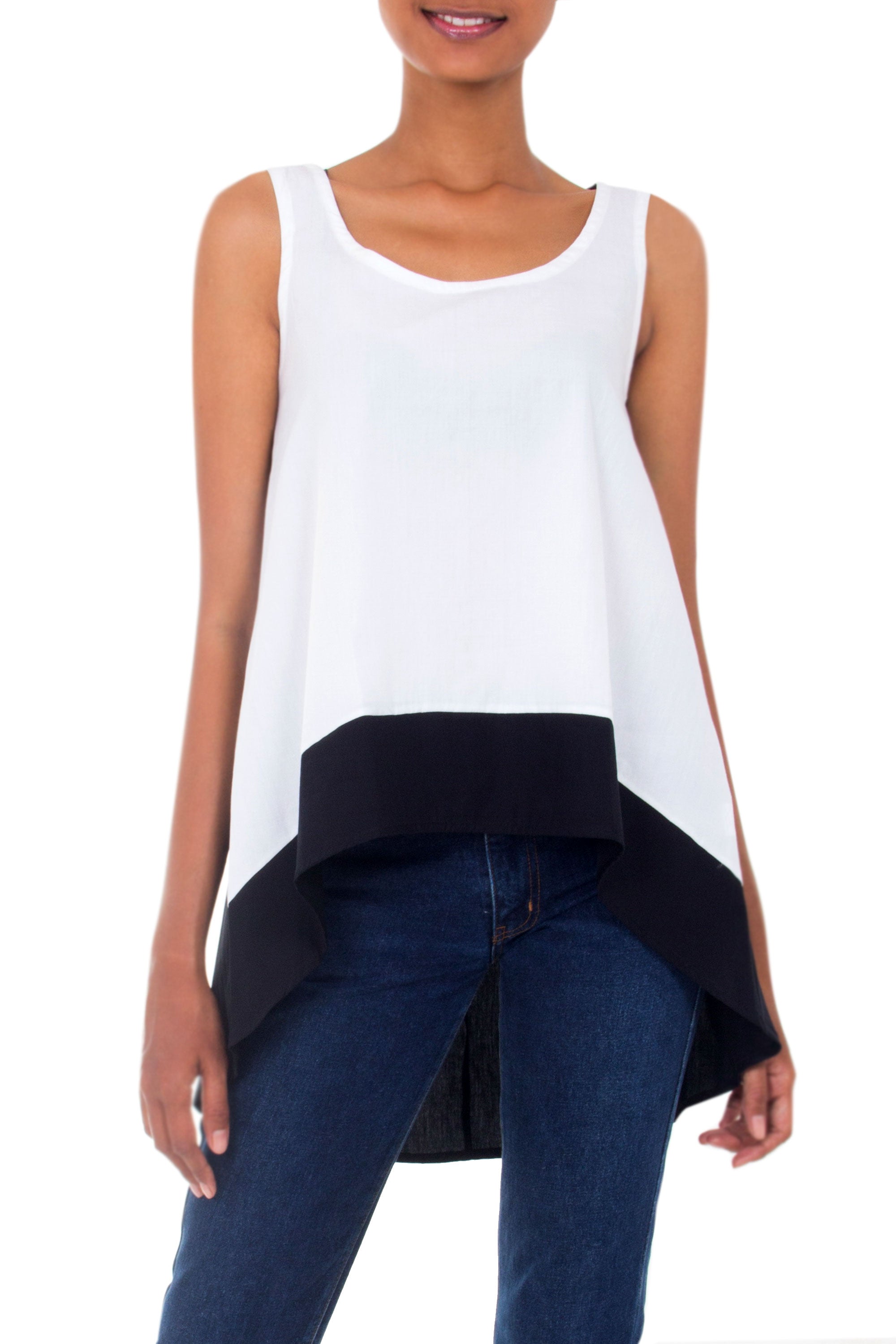 Women's White and Black Woven Cotton Tank Top - White Orchid