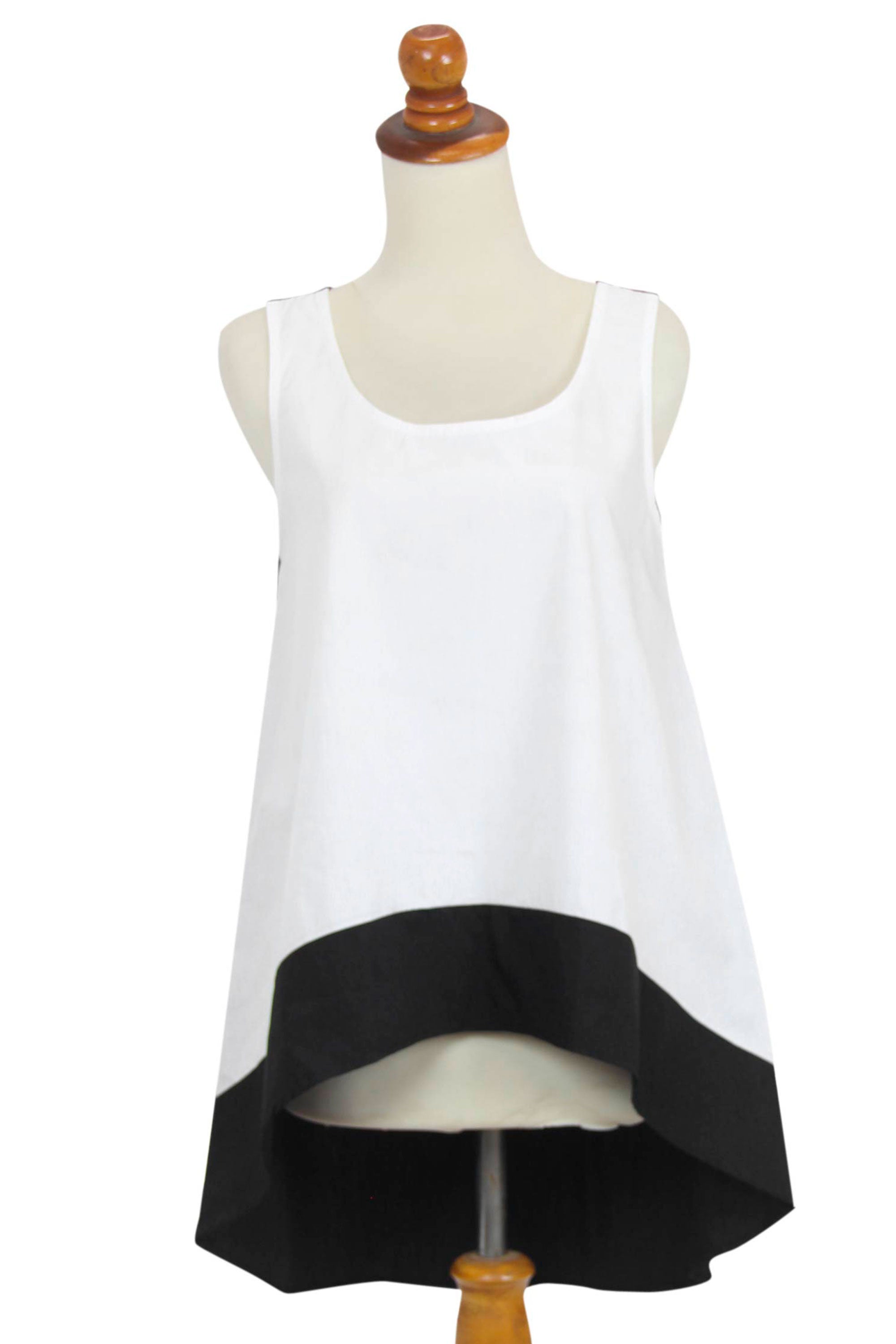Women's White and Black Woven Cotton Tank Top - White Orchid