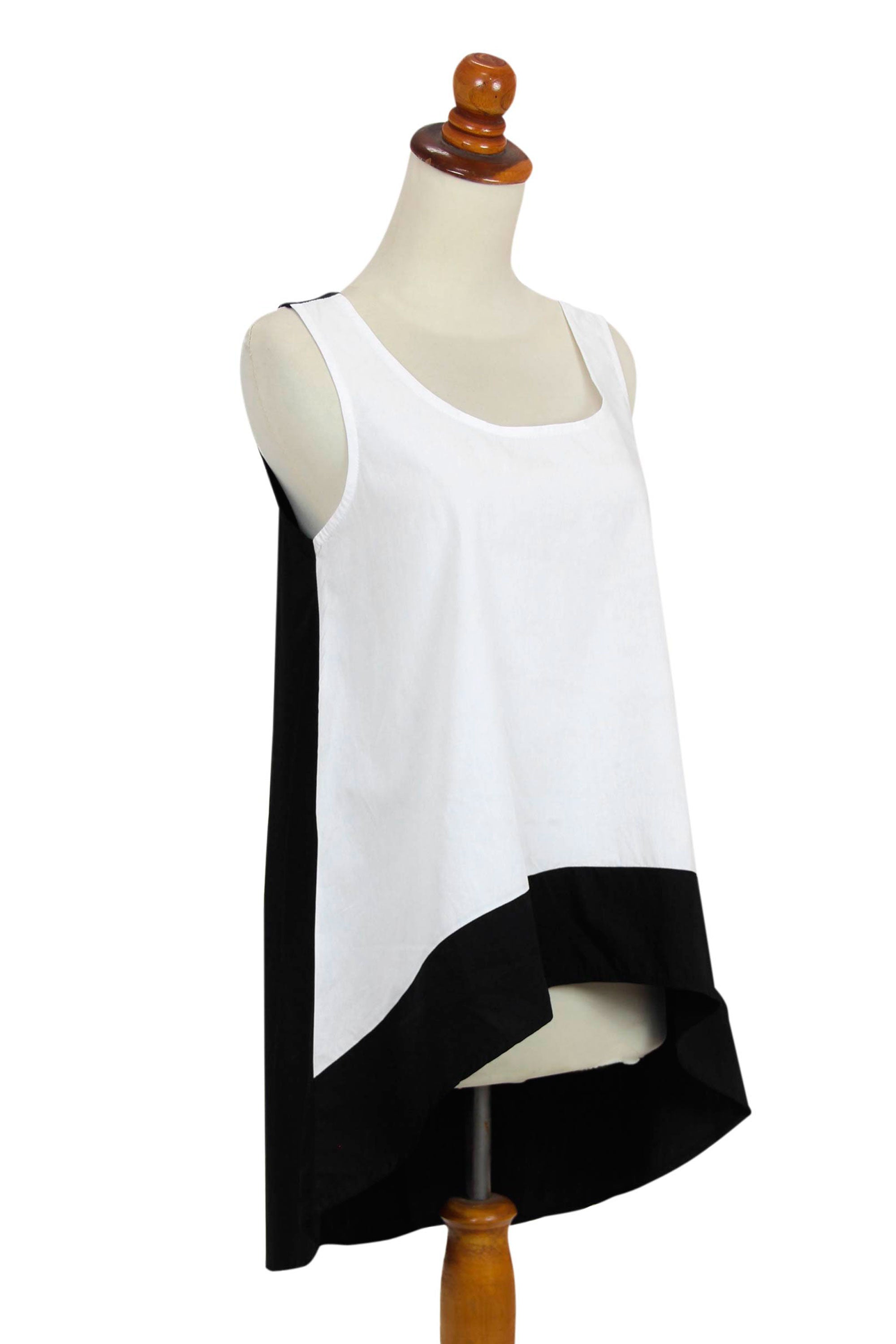 Women's White and Black Woven Cotton Tank Top - White Orchid