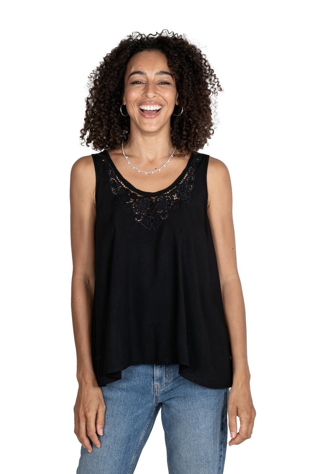 Hand-Embroidered Black Sleeveless Rayon Top from Bali - Night Bouquet of Flowers