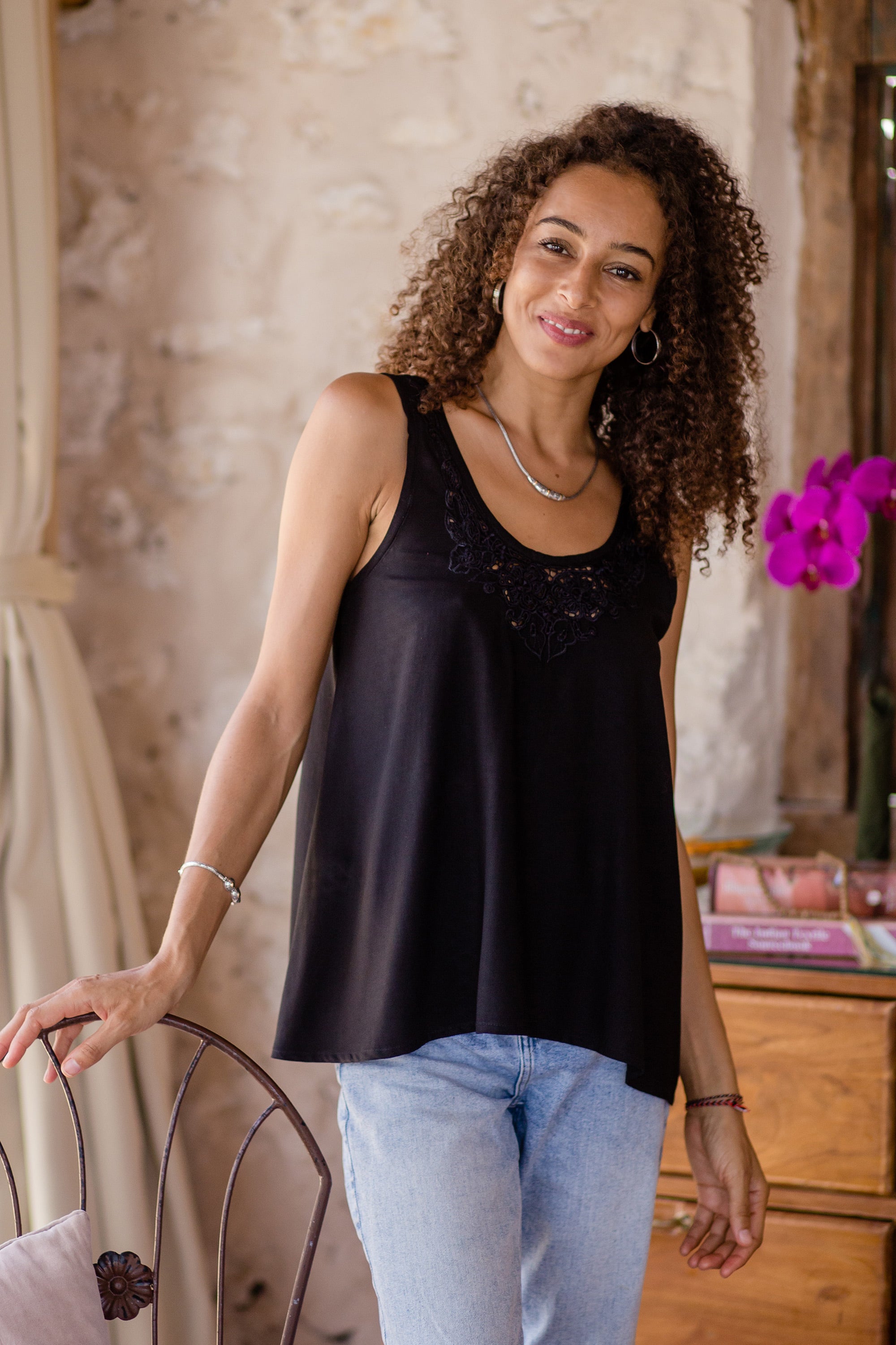 Hand-Embroidered Black Sleeveless Rayon Top from Bali - Night Bouquet of Flowers
