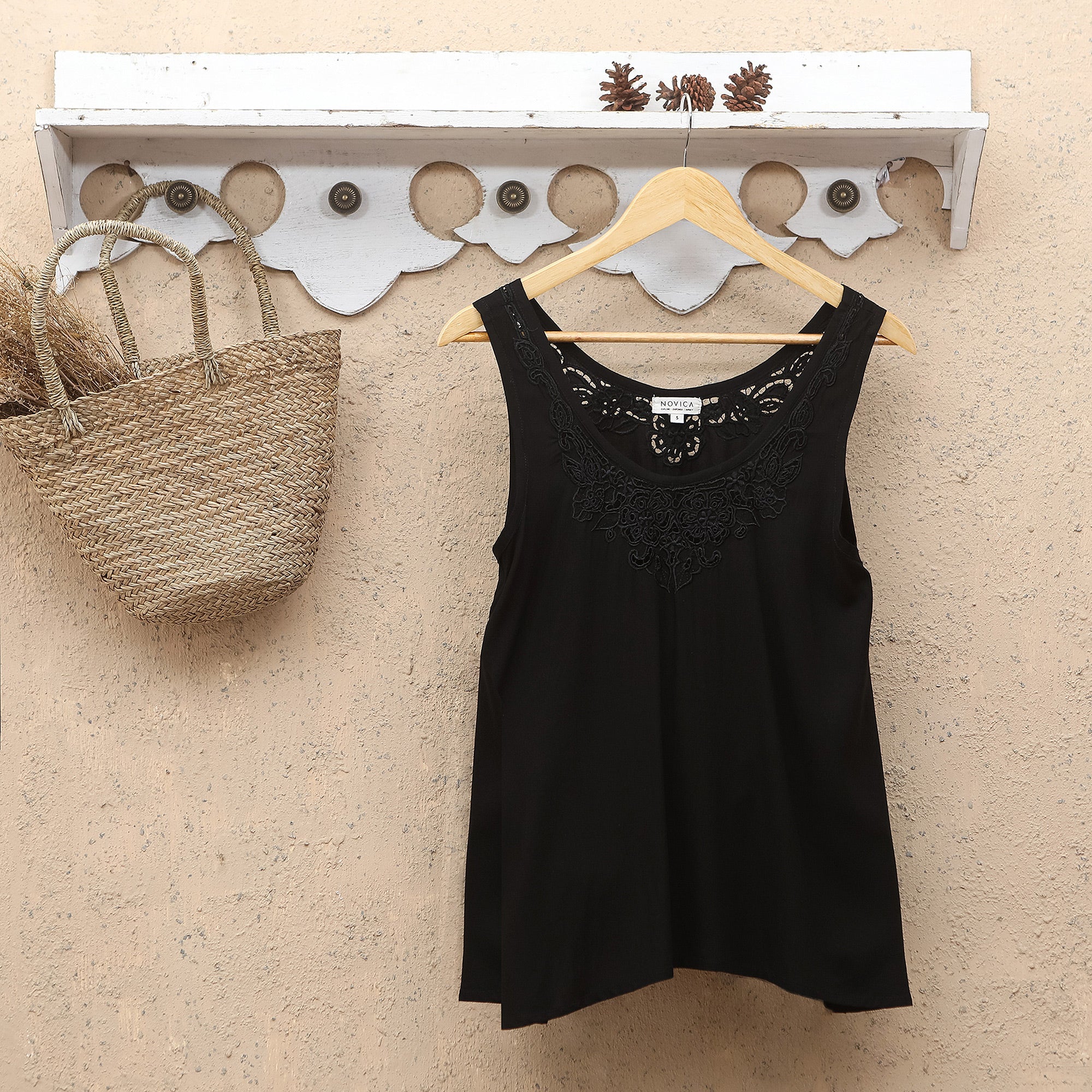 Hand-Embroidered Black Sleeveless Rayon Top from Bali - Night Bouquet of Flowers